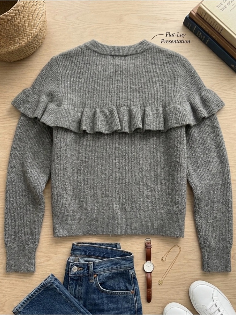 H&M Grey Ruffle-Detail Ribbed Knit Sweater Cardigan - Picture 7 of 13